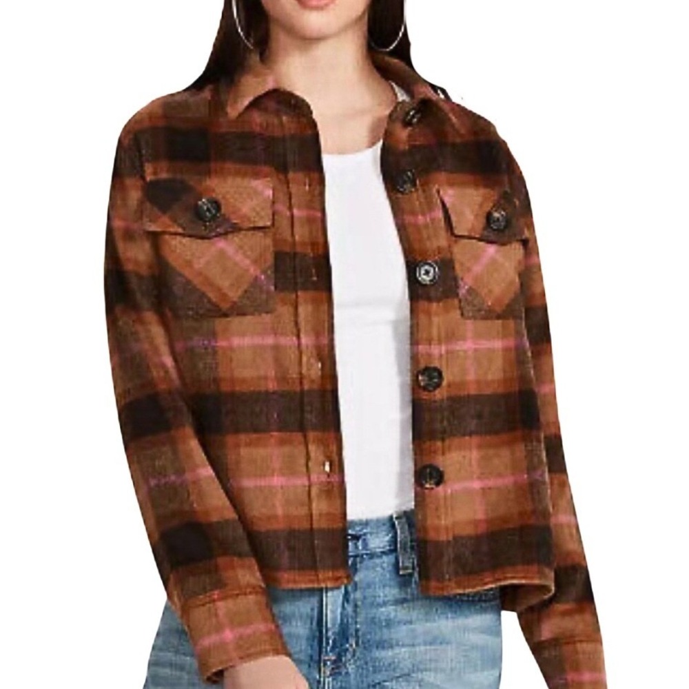 BB Dakota Steve Madden Plaid Shacket Jacket Women Size L Brown Pink Button Front